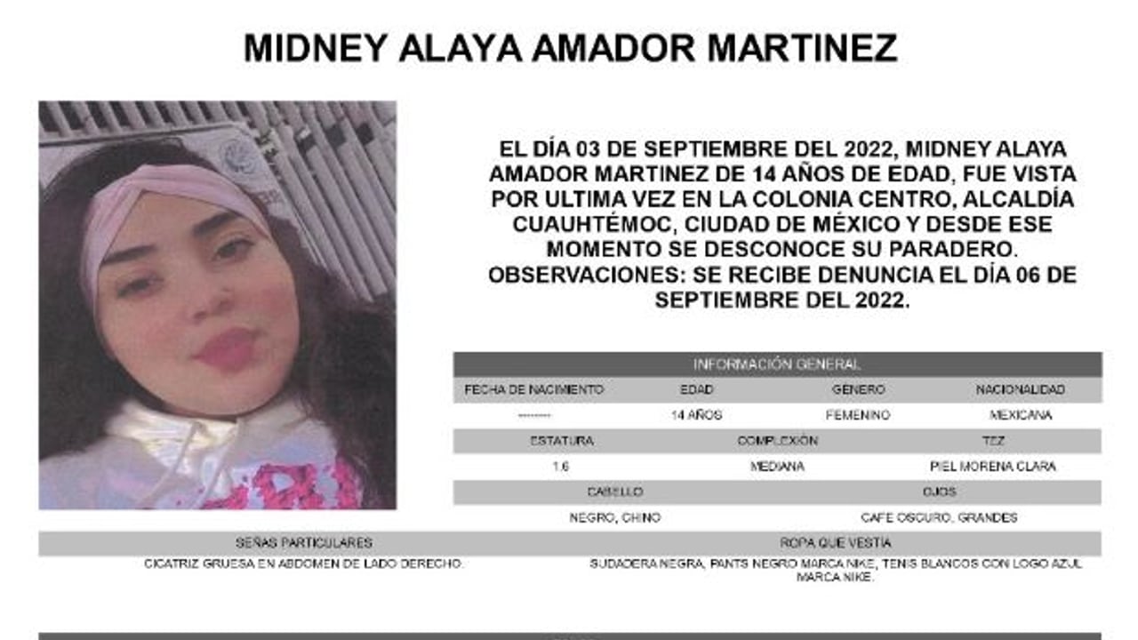 Activan Alerta Amber para localizar a Midney Alaya Amador Martínez.