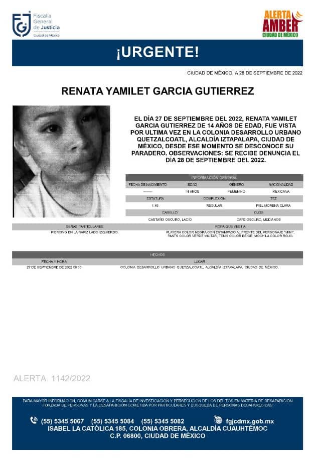 Activan Alerta Amber para localizar a Renata Yamilet García Gutiérrez