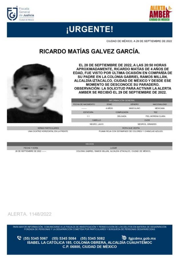 Activan Alerta Amber para localizar a Ricardo Matías Gálvez García