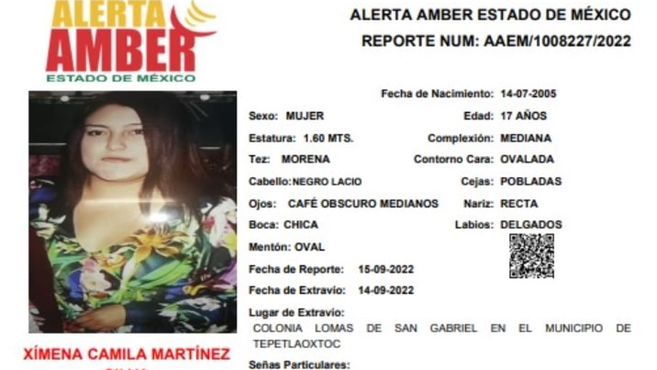 Activan Alerta Amber para localizar a Ximena Camila Martínez Silva.