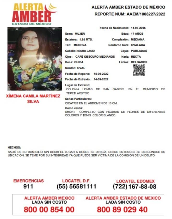 Activan Alerta Amber para localizar a Ximena Camila Martínez Silva