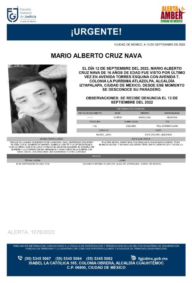 Activan Alerta Amber para localizar a Mario Alberto Cruz Nava