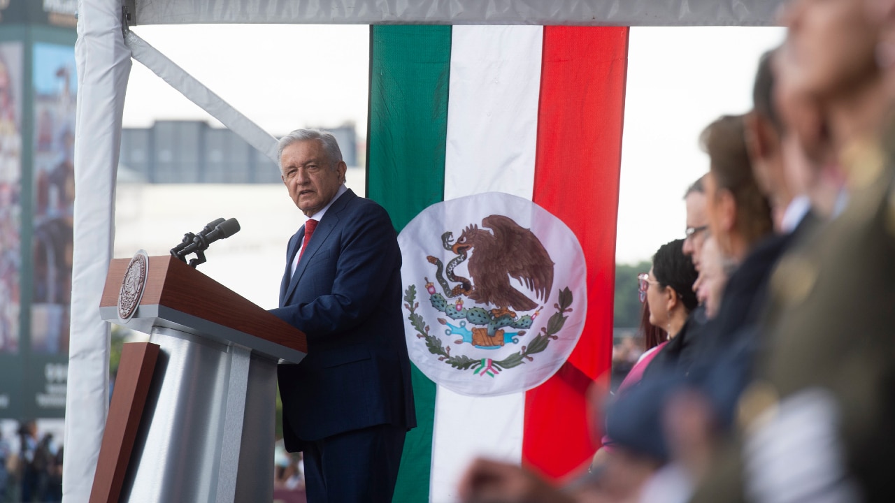 El presidente Andrés Manuel López Obrador (AMLO) en su discurso durante el desfile militar por aniversario de la Independencia de México
