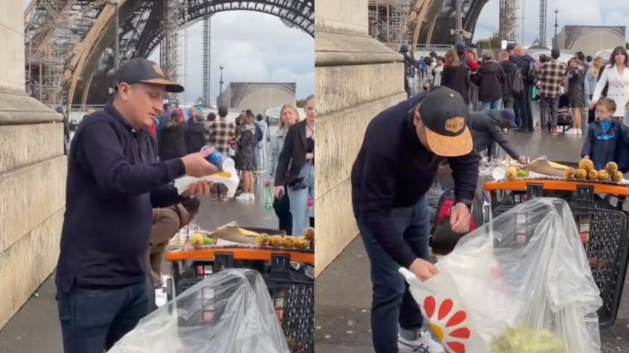 Video: Hombre vende elotes frente a la Torre Eiffel