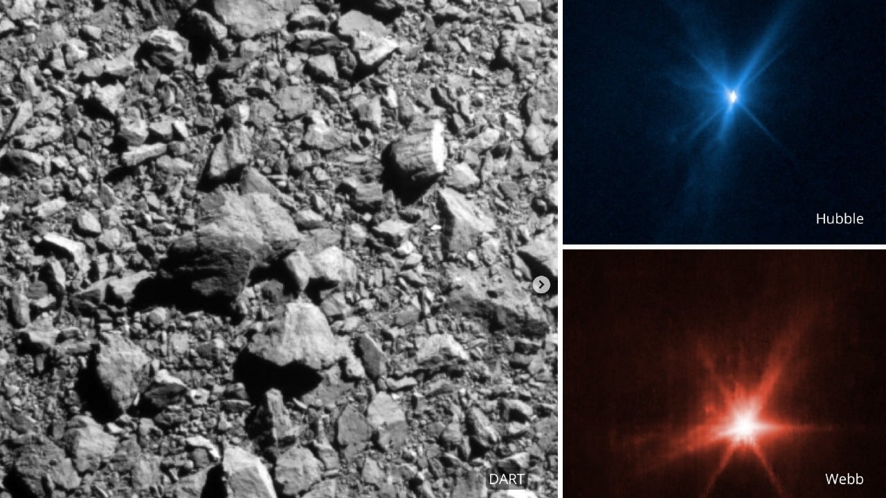 Imágenes de los telescopios Hubble y Webb sobre la colisión de DART con asteroide Dimorphos.