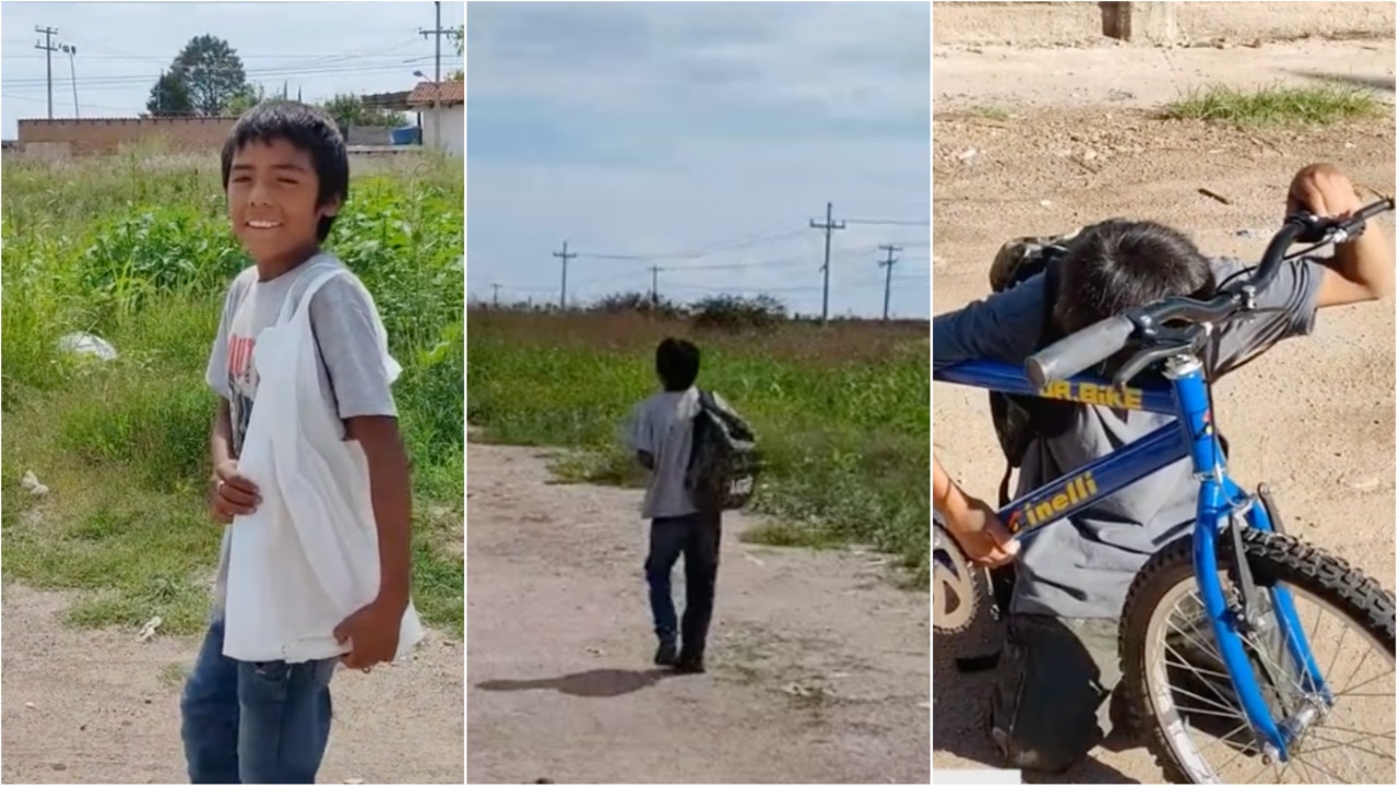 Niño de 12 años recibe de regalo mochila y bicicleta para ir a la escuela