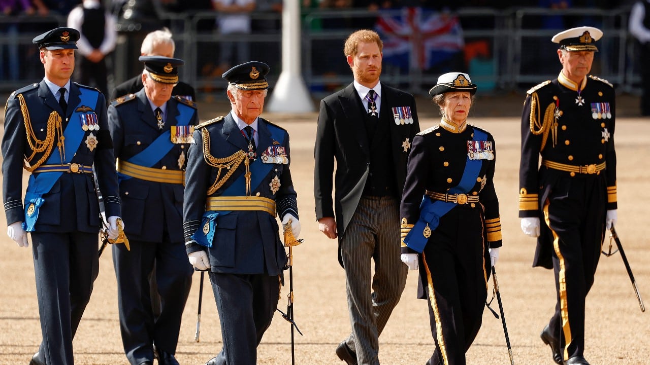 Acompañado de su padre, sus tíos, y su hermano Enrique, Guillermo siguió a pie el traslado del féretro de su abuela desde el palacio de Buckingham al parlamento británico.