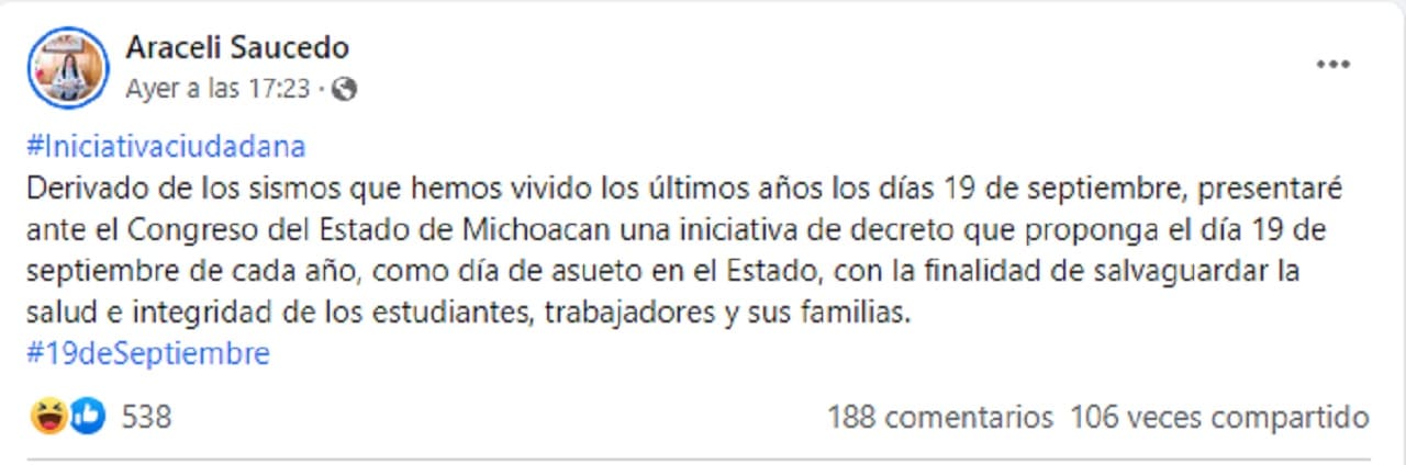 Alcaldesa de Michoacán propone que 19S sea día de asueto