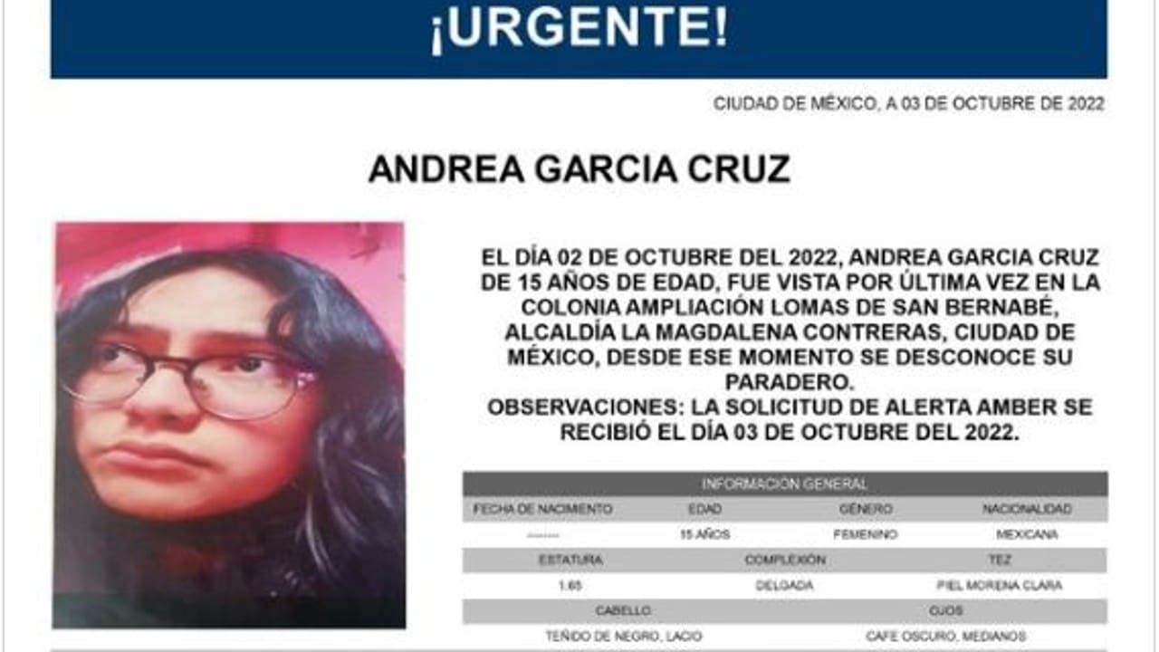 Activan Alerta Amber para Andrea García Cruz.
