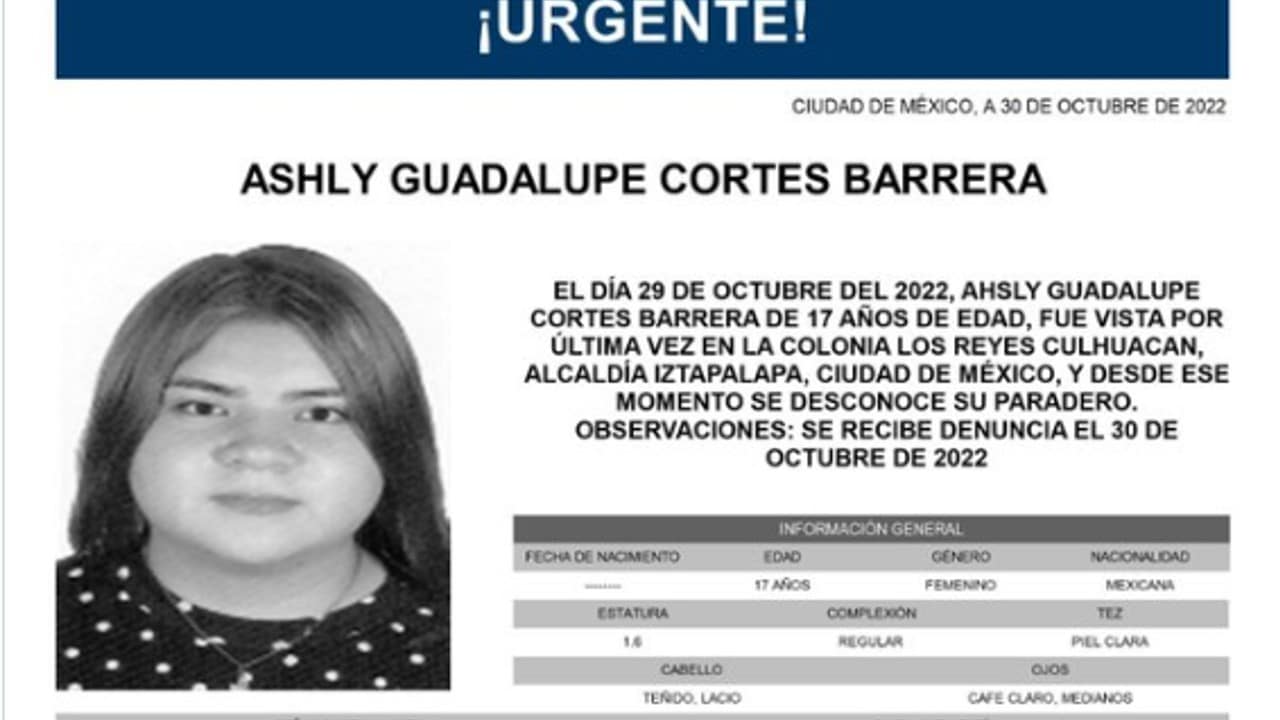 Activan Alerta Amber para Ashly Guadalupe Cortés Barrera.