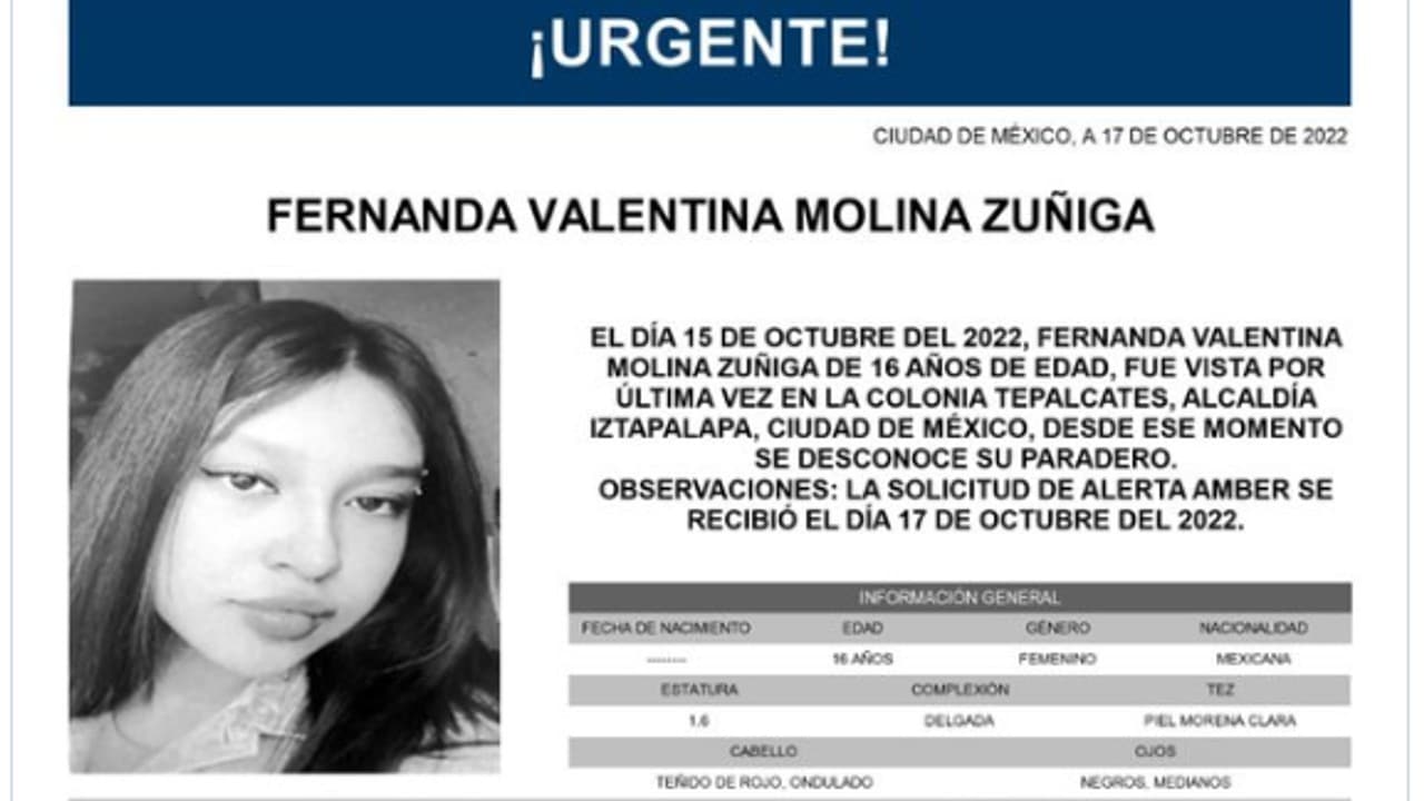 Activan Alerta Amber para localizar a Fernanda Valentina Molina Zúñiga