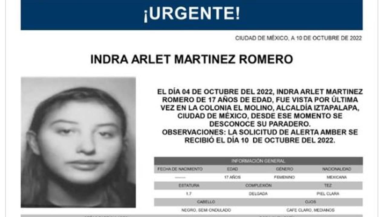 Activan Alerta Amber para localizar a Indra Arlet Martínez Romero