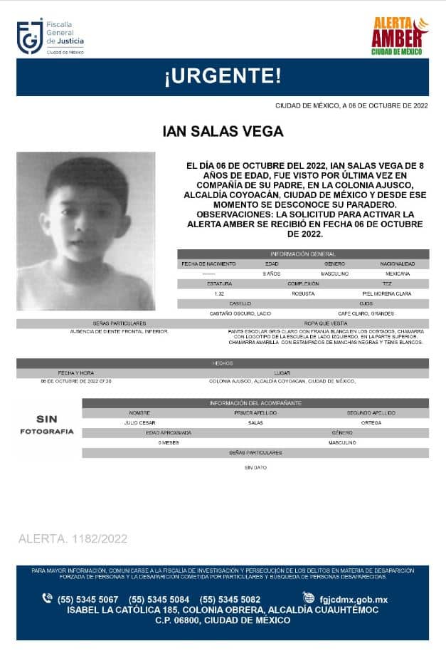 Activan Alerta Amber para localizar a Ian Salas Vega