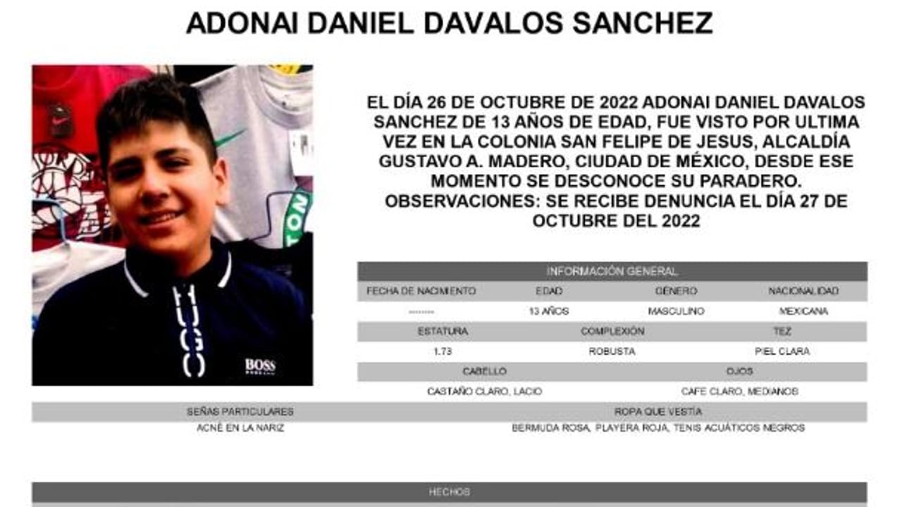 Activan Alerta Amber para Localizar a Adonai Daniel Dávalos Sánchez. Fuente: Twitter @FiscaliaCDMX