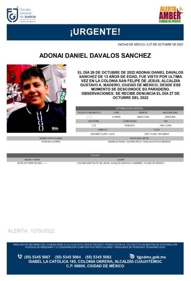 Activan Alerta Amber para Localizar a Adonai Daniel Dávalos Sánchez