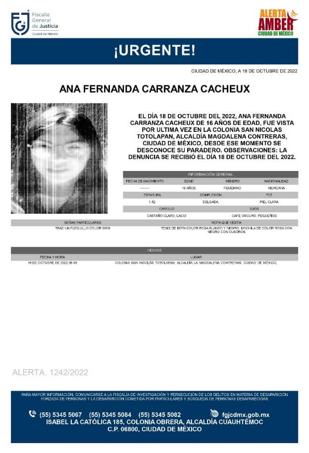 Activan Alerta Amber para localizar a Ana Fernanda Carranza Cacheux
