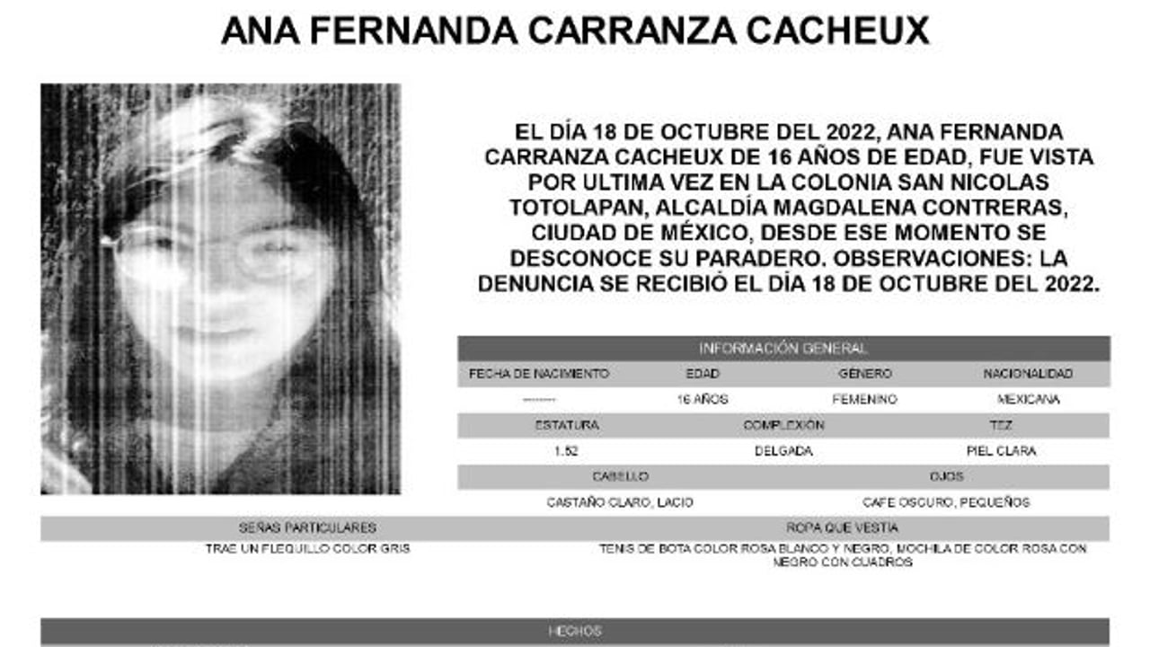 Activan Alerta Amber para localizar a Ana Fernanda Carranza Cacheux.