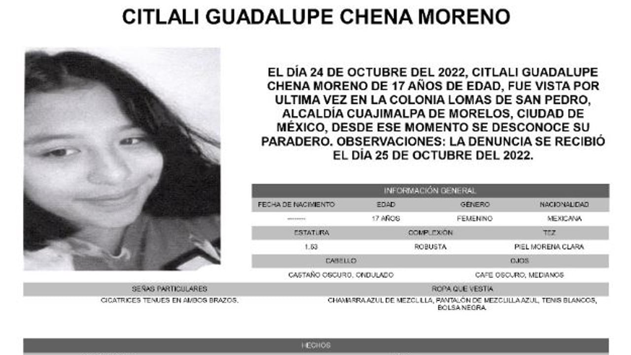 Activan Alerta Amber para localizar a Citlali Guadalupe Chena Moreno.