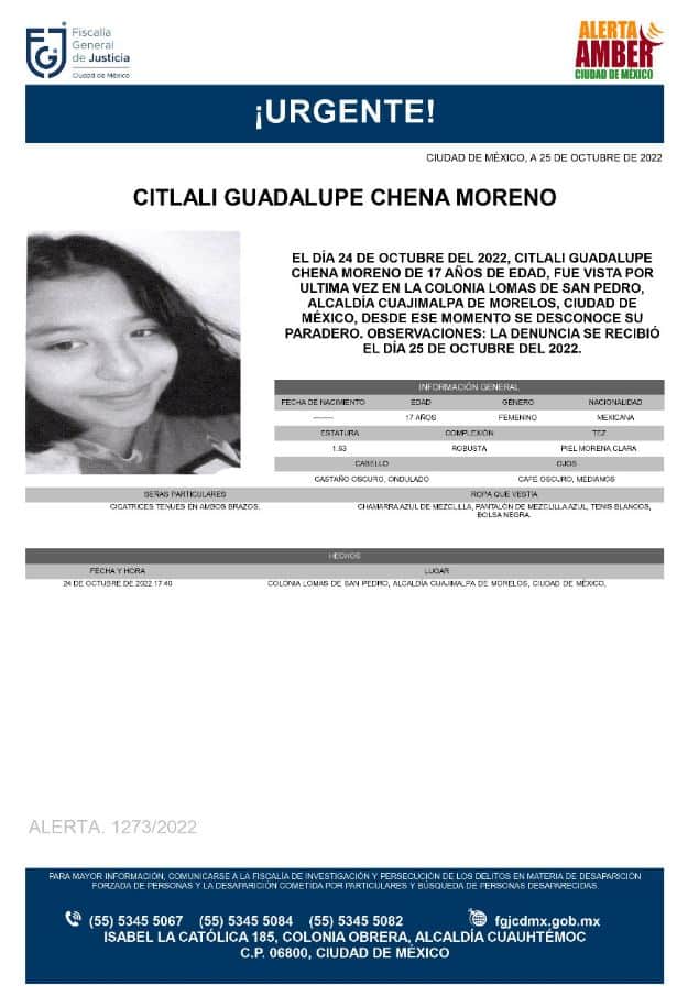 Activan Alerta Amber para localizar a Citlali Guadalupe Chena Moreno