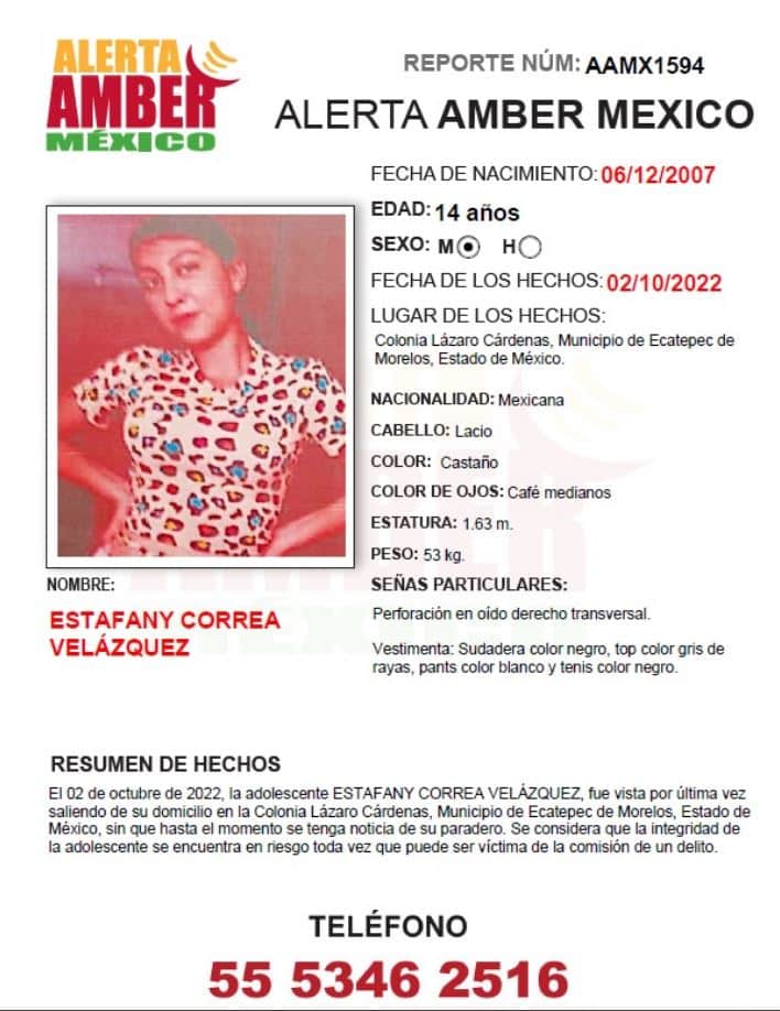 Activan Alerta Amber para localizar a Estafany Correa Velázquez