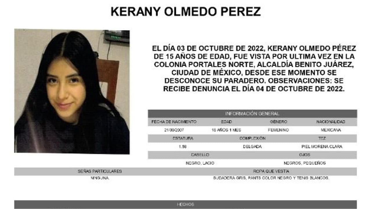 Activan Alerta Amber para localizar a Kerany Olmedo Pérez.