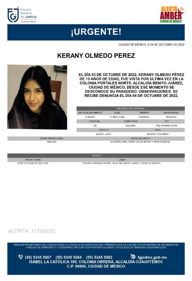 Activan Alerta Amber para localizar a Kerany Olmedo Pérez