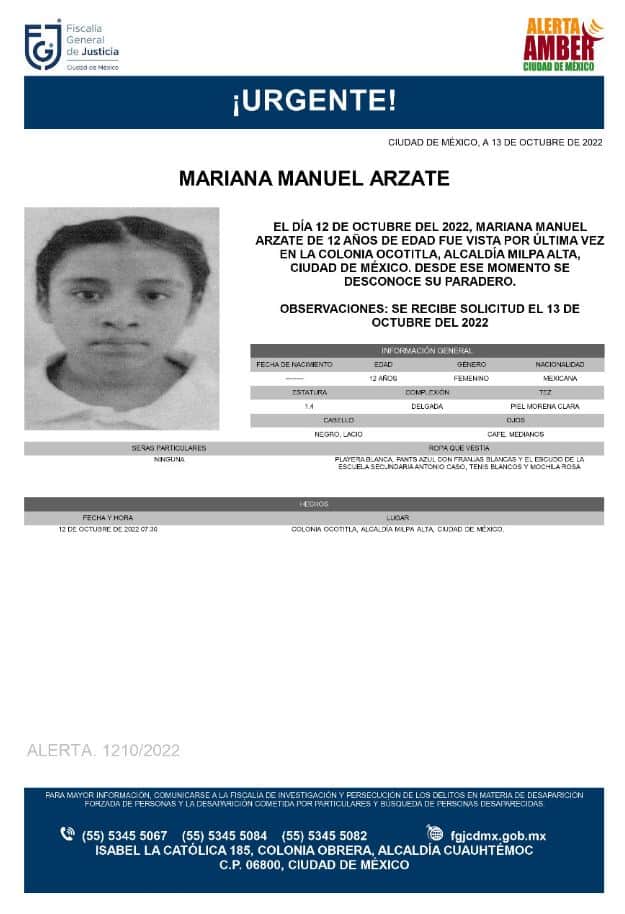 Activan Alerta Amber para localizar a Mariana Manuel Arzate