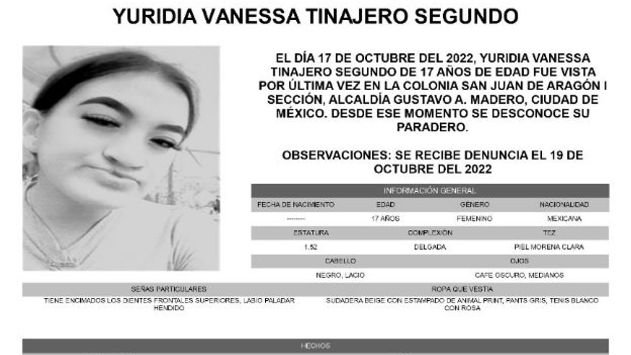 Activan Alerta Amber para localizar a Yuridia Vanessa Tinajero Segundo.