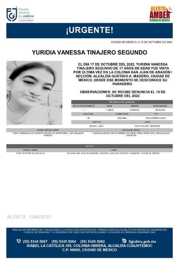 Activan Alerta Amber para localizar a Yuridia Vanessa Tinajero Segundo