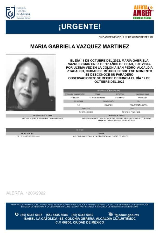 Activan Alerta Amber para localizar a María Gabriela Vázquez Martínez