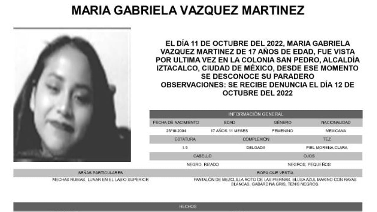 Activan Alerta Amber para localizar a María Gabriela Vázquez Martínez.