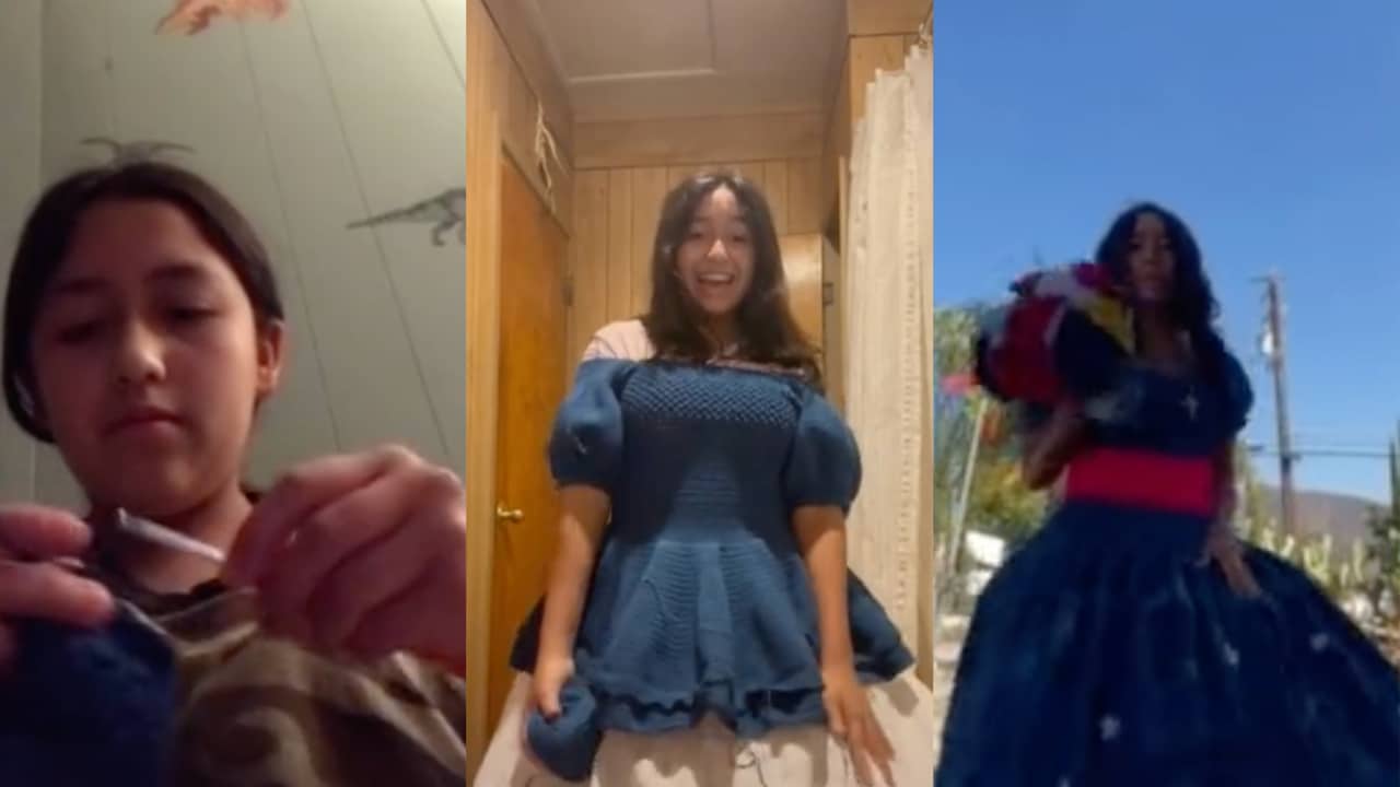 Joven utiliza vestido de XV años tejido por ella y video es viral