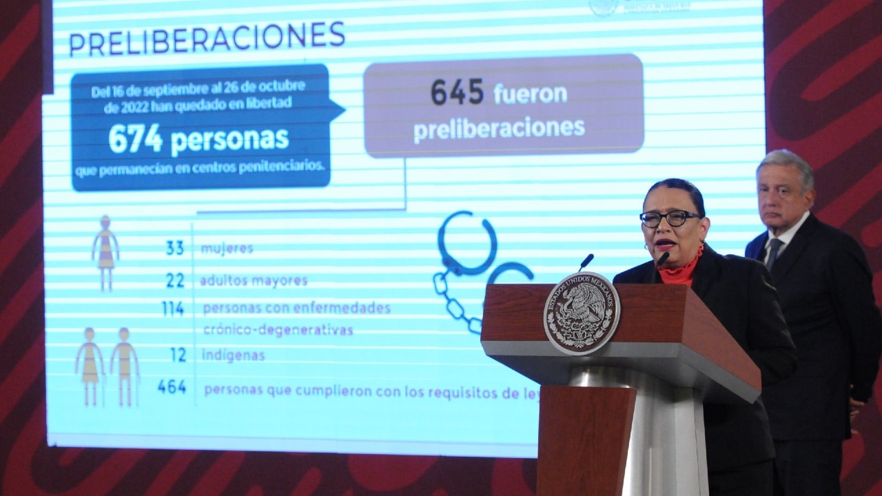 Rosa Icela Rodríguez, titular de la SSPC, participa en la conferencia mañanera.
