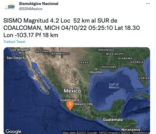 Se registra sismo de magnitud 4.2 con epicentro en Coalcoman, Michoacán